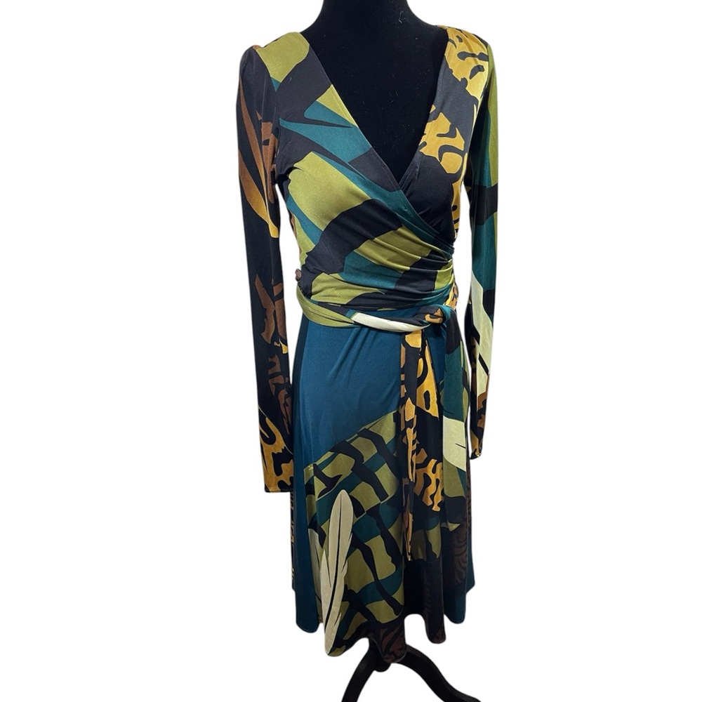 Issa London Blue Green Tribal Abstract Animal Print Mini Wrap Dress Size 8